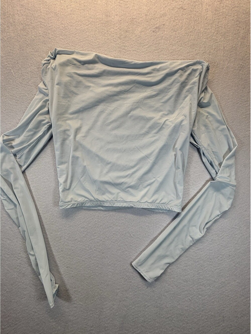 Naked Wardrobe Women’s XS Off Shoulder Crop Top Light Blue Ruched Long Sleeve